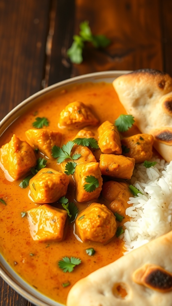 A bowl of chicken curry with rice and naan, garnished with cilantro on a wooden table.